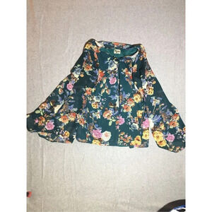 Womens Show Me Your MuMu Blouse Sz Large Green Floral Print Key Hole Bell Sleeve